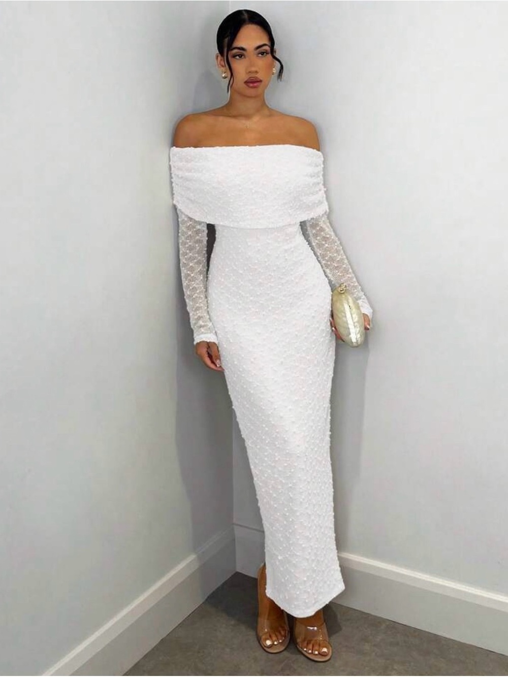 Off-Shoulder White Maxi Dress with Sheer Sleeves